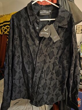 Killstar Black Velvet-Flocked Cross Button Shirt
